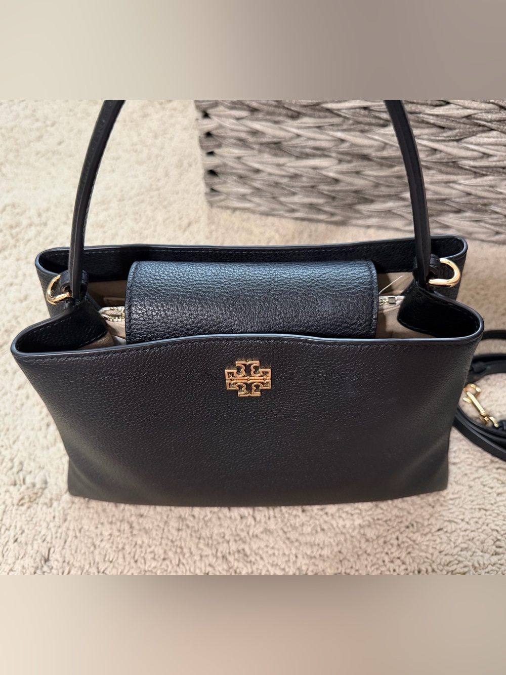 Tory Burch Britten Satchel Black Pebbled Leather Crossbody Shoulder Bag EUC - Picture 10 of 14